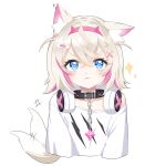  1girl :3 animal_collar animal_ear_fluff animal_ears bandaid bandaid_hair_ornament black_collar blonde_hair blue_eyes blush closed_mouth collar commentary cropped_torso crossed_bangs dear_arisu dog_ears dog_girl dog_tail double-parted_bangs english_commentary fake_horns flat_chest hair_between_eyes hair_intakes hair_ornament hairband headphones headphones_around_neck highres hololive hololive_english horn_hairband horns looking_at_viewer mococo_abyssgard mococo_abyssgard_(1st_costume) multicolored_hair off_shoulder pink_hair pink_hairband print_shirt shirt short_hair simple_background single_bare_shoulder smile solo spiked_collar spikes streaked_hair t-shirt tail tail_wagging two_side_up v-shaped_eyebrows virtual_youtuber white_background white_shirt x_hair_ornament 