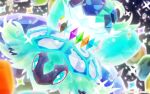  +_+ aqua_eyes blurry blurry_foreground commentary crystal glowing komepan no_humans pokemon pokemon_(creature) rock solo sparkle terapagos terapagos_(stellar) 