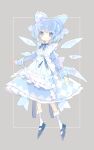  1girl absurdres apron blue_bow blue_dress blue_eyes blue_footwear blue_hair bow cirno closed_mouth commentary detached_wings dress fairy frilled_apron frills full_body hair_bow highres ice ice_wings juliet_sleeves long_sleeves looking_at_viewer nikorashi-ka puffy_sleeves shoes short_hair socks solo symbol-only_commentary touhou white_apron white_socks wings 