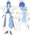  1boy akiyoshi_(tama-pete) alternate_costume angel angel_wings backless_outfit blue_eyes blue_hair blue_nails blue_ribbon blue_vest brown_footwear capelet clenched_hand coat commentary dangle_earrings early_days_(vocaloid) earrings facing_away feathered_wings full_body halo hand_on_own_hip jewelry kaito_(vocaloid) layered_sleeves light_smile male_focus multiple_views nail_polish neck_ribbon open_clothes open_coat ribbon simple_background standing vest vocaloid white_background white_coat white_wings wings yellow_halo 