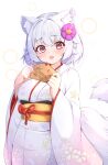  1girl :d animal_ear_fluff animal_ears breasts cowboy_shot floral_print_kimono flower gradient_kimono hair_flower hair_ornament hands_up holding inubashiri_momiji japanese_clothes kimono large_breasts long_sleeves looking_at_viewer obi object_request pink_kimono purple_flower red_eyes rururiaru sash smile solo standing tail touhou white_background white_hair white_kimono white_tail wide_sleeves wolf_ears wolf_girl wolf_tail yellow_sash 