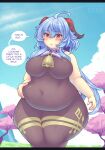 2022 2_horns adeptus_(genshin_impact) animal_humanoid artist_name bangs bell bell_collar belly belly_grab belly_overhang belly_squish big_breasts blue_hair blush bodily_fluids body_stocking bodysuit breasts clothed clothing collar cowbell curved_horn dialogue embarrassed english_text eyebrow_through_hair eyebrows eyelashes fat_arms female fluffy fluffy_hair ganyu_(genshin_impact) genshin_impact grass hair hand_on_belly hand_on_own_belly hi_res horn horned_humanoid huge_hips huge_thighs humanoid kirin_humanoid long_hair looking_at_own_belly looking_at_self love_handles mihoyo navel_outline nipple_outline open_mouth outside overweight overweight_female overweight_humanoid pixiveo plant portrait purple_eyes side_bangs signature skinsuit sky solo speech_bubble squish standing sweat sweatdrop text thick_thighs three-quarter_portrait tight_clothing translucent translucent_hair tree weight_conscious weight_gain wide_hips worried