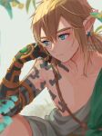  1boy arm_tattoo black_skin brown_hair closed_mouth collarbone colored_skin earrings hand_rest hand_up highres jewelry link long_hair male_focus pointy_ears seri_(yuukasakura) solo tattoo the_legend_of_zelda the_legend_of_zelda:_tears_of_the_kingdom watermark 