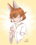  1girl :&gt; angel22754799 animal_ears blush brown_hair closed_eyes collar cross cross_necklace dated dhole_(kemono_friends) dog_ears dog_girl extra_ears frilled_collar frills hair_between_eyes high_collar highres jewelry kemono_friends kemono_friends_3 light_brown_hair long_sleeves multicolored_hair necklace own_hands_together praying shirt short_hair sidelocks signature solo white_hair white_shirt 