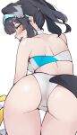  1girl absurdres animal_ears ass black_hair blue_archive blue_eyes blue_hairband blush breasts cheerleader commentary_request cropped_shirt dog_ears dog_girl dog_tail facial_tattoo from_behind hairband halftone_texture hibiki_(blue_archive) hibiki_(cheer_squad)_(blue_archive) highres holding holding_pom_poms medium_breasts medium_hair official_alternate_costume pirukusu pom_pom_(cheerleading) ponytail shirt simple_background solo sweat tail tail_through_clothes tattoo thigh_gap white_background white_shirt 