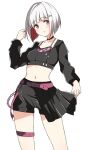  1girl belt black_choker black_shirt black_shorts blush choker collarbone colored_inner_hair commentary_request cropped_shirt djpwjd1 hair_ornament hairclip half-skirt highres link!_like!_love_live! long_sleeves looking_at_viewer love_live! midriff multicolored_hair navel parted_lips pink_belt pink_eyes red_hair shirt short_hair shorts solo standing streaked_hair thigh_strap upper_body white_background white_hair yugiri_tsuzuri 