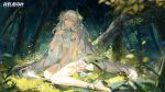  1girl armlet barefoot bird breasts copyright_name flower forest full_body grass hair_flower hair_ornament hand_up highres lamia_(punishing:_gray_raven) leaf leaf_hair_ornament logo long_hair nature official_alternate_costume official_art outdoors pointy_ears punishing:_gray_raven second-party_source sitting solo tree white_hair 