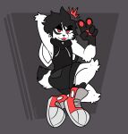 absurd_res anthro arm_tuft black_hair black_markings blep bottomwear cheek_tuft clothing ears_down elbow_tuft facial_tuft footwear fur gesture grey_background hair half-closed_eyes hand_gesture hi_res high_top_sneakers knee_tuft lagomorph leg_tuft leporid male mammal markings multicolored_body multicolored_fur narrowed_eyes pawpads paws pivoted_ears rabbit red_pawpads shoes shorts simple_background sleeveless_hoodie smile sneakers solo tongue tongue_out tuft two_tone_body two_tone_fur v_sign white_body white_fur xing1