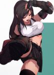  1girl bare_shoulders bike_shorts bike_shorts_under_skirt black_gloves black_hair black_thighhighs breasts brown_eyes elbow_gloves elbow_pads final_fantasy final_fantasy_vii final_fantasy_vii_rebirth final_fantasy_vii_remake fu-ta gloves highres leg_up long_hair midriff navel open_mouth skirt solo suspenders thighhighs tifa_lockhart 