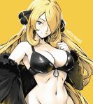  1girl black_bra black_coat blonde_hair bra breasts coat cynthia_(pokemon) fur-trimmed_coat fur-trimmed_sleeves fur_trim hair_ornament hair_over_one_eye midriff miss_faves navel pokemon solo twitter_username underwear yellow_eyes 