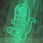 ambiguous_gender genitals geometry_dash ghost green_body green_line_art male penis presenting presenting_penis simple_background solo spiral_eyes spirit trail