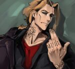  1boy adam&#039;s_apple black_jacket black_sclera blood blood_from_mouth boku_no_hero_academia brown_hair cheekbones closed_mouth collarbone colored_sclera earrings finger_tattoo fingernails freesilverwind grey_background highres jacket jewelry looking_at_viewer male_focus neck_tattoo red_shirt shirt short_hair solo tattoo wrist_tattoo yagi_toshinori 