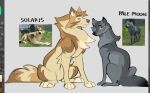 canid canine canis duo eyebrows feral fur grey_body grey_fur male mammal pale_moon_(wolfquest) paws quadruped ramahuro smile solaris_(wolfquest) tail text wolf wolfquest