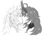  2girls absurdres aurora_(aurawra21) blush bridal_veil closed_eyes commentary elysia_(honkai_impact) english_commentary greyscale heart highres honkai_(series) honkai_impact_3rd horns kiss long_hair monochrome multiple_girls raiden_mei upper_body veil yuri 