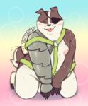 anthro badger badgerclops balls belly blush cartoon_network cybernetics cyborg eye_patch eyewear genitals harness hi_res kneeling machine male mammal mao_mao:_heroes_of_pure_heart mechanical_arm moobs mustelid musteline nipples nude slightly_chubby solo streif