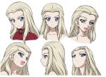  1girl blonde_hair blue_eyes clara_(girls_und_panzer) closed_mouth collarbone concept_art from_below from_side girls_und_panzer long_hair multiple_views neck official_art open_mouth red_shirt shaded_face shirt simple_background smile white_background 