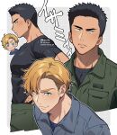  2boys ao_isami bara black_hair blonde_hair chibi chibi_inset couple cropped_legs facial_hair girl_staring_at_guys_chest_(meme) kiri_futoshi large_pectorals lewis_smith looking_at_viewer male_focus meme multiple_boys pectorals profile shirt sideburns_stubble sideways_glance smile stubble t-shirt thick_eyebrows translation_request yaoi yuuki_bakuhatsu_bang_bravern 