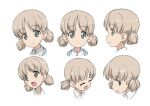  1girl closed_eyes concept_art embarrassed from_side girls_und_panzer green_eyes hair_tie hairband light_brown_hair light_smile multiple_views official_art open_mouth shirt short_hair short_twintails simple_background twintails white_background white_hairband white_shirt 