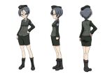  1girl blue_eyes boots closed_mouth concept_art emblem from_behind from_side girls_und_panzer grey_hair japanese_tankery_league_(emblem) kneepits miniskirt multiple_views official_art rimless_eyewear round_eyewear rumi_(girls_und_panzer) selection_university_(emblem) selection_university_military_uniform short_hair simple_background skirt white_background 