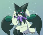 2022 3_fingers anthro claws felid fingers fur generation_9_pokemon green_background green_body green_fur looking_at_viewer mammal meowscarada narrowed_eyes nintendo open_mouth open_smile pawpads pokemon pokemon_(species) purple_eyes purple_pawpads seegmuh simple_background sitting smile solo sparkles
