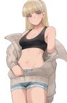  1girl bare_shoulders blonde_hair blue_shorts breasts cleavage closed_mouth collarbone commentary denim denim_shorts earrings grey_jacket hairband half-closed_eyes highres jacket jewelry jourd4n long_hair long_sleeves medium_breasts navel off_shoulder open_clothes open_jacket original puffy_long_sleeves puffy_sleeves purple_eyes short_shorts shorts simple_background smile solo standing white_background white_hairband 