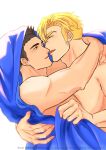  2boys ao_isami bara black_hair blonde_hair blush couple dutch_angle face-to-face facial_hair highres imminent_kiss lewis_smith male_focus medium_sideburns multiple_boys naalseaka nude sideburns_stubble smile stubble thick_eyebrows upper_body yaoi yuuki_bakuhatsu_bang_bravern 