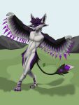 absurd_res alien anthro avali avian bird blep feathered_wings feathers female fur hair hi_res looking_at_viewer multi_ear nude purple_body purple_eyes purple_fur simple_background smile solo tail teremunart tongue tongue_out white_body winged_arms wings