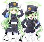  2girls belt black_belt black_hat black_jacket black_shorts black_skirt black_tail blue_archive blush buttons demon_tail double-breasted feet_out_of_frame freedom_(aass5404) gloves green_hair green_halo hair_between_eyes halo hat highlander_sidelocks_conductor_(blue_archive) highlander_twintails_conductor_(blue_archive) highres jacket long_hair long_sleeves multiple_girls open_mouth pantyhose parted_lips peaked_cap pleated_skirt pointy_ears shorts sidelocks simple_background skirt smile tail twintails white_background white_gloves white_pantyhose yellow_eyes 
