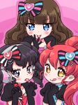  3girls ;p ;q black_bow black_gloves black_hair blue_eyes blush bow brown_hair claw_pose gaaruru_(pripara) gloves grey_eyes hair_bow hands_up headphones highres ikzw kurosu_aroma long_hair looking_at_viewer multiple_girls one_eye_closed own_hands_together pink_background ponytail pretty_series pripara puffy_short_sleeves puffy_sleeves red_hair shiratama_mikan short_sleeves sidelocks smile tongue tongue_out twintails upper_body yellow_eyes 