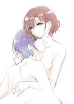  2girls asakura_toru brown_eyes brown_hair closed_mouth commentary earrings hand_on_another&#039;s_back hand_on_another&#039;s_neck hickey higuchi_madoka idolmaster idolmaster_shiny_colors jewelry multiple_girls nude open_mouth purple_hair short_hair simple_background smile stud_earrings takeshisu white_background yuri 