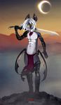  2017 5_fingers aboywithscales abs anthro blood clothed clothing detailed_background ear_piercing eclipse hair holding_object holding_weapon melee_weapon piercing sky solo standing sword topless weapon white_hair yellow_eyes 