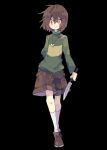  1other ahoge arm_at_side arm_behind_back black_background blush brown_footwear brown_hair brown_shorts chara_(undertale) child closed_mouth full_body green_sweater hair_between_eyes heart heart_necklace highres holding holding_knife jewelry kneehighs knife long_sleeves looking_at_viewer necklace nikorashi-ka no_nose red_eyes short_hair shorts smile socks standing striped_clothes striped_sweater sweater turtleneck turtleneck_sweater undertale white_socks yellow_sweater 