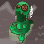 genitals geometry_dash ghost goo_creature green_body male not_furry penis presenting presenting_penis red_eyes simple_background solo spiral_eyes spirit trail