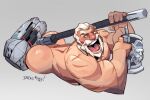  1boy :d arts_of_indiego ass bara beard between_buttocks cup facial_hair full_beard hammer highres holding holding_hammer large_hands large_pectorals laughing lying male_focus mature_male mug muscular muscular_male nude old old_man on_stomach overwatch partially_blind pectorals receding_hairline reinhardt_(overwatch) scar scar_across_eye short_hair smile thick_beard tongue white_hair 