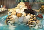 5_fingers abs anthro anthro_on_anthro areola biped bulge claws duo eyebrows facial_scar felid fingers hybrid interspecies liger lion male male/male mammal mane muscular muscular_anthro muscular_male nipples pantherine partially_submerged pecs scar tail tail_tuft tuft water x_scar zetaxen
