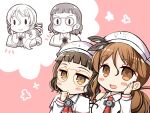  2girls blush brown_eyes brown_hair capelet chibi feathers hair_between_eyes headdress kantai_collection littorio_(kancolle) long_hair long_sleeves multiple_girls open_mouth pince-nez ponytail roma_(kancolle) short_hair simple_background sweat teramoto_kaoru upper_body 