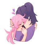  2girls aurora_(aurawra21) blush closed_eyes commentary elysia_(honkai_impact) english_commentary hand_on_another&#039;s_head heart highres honkai_(series) honkai_impact_3rd hug long_hair multiple_girls pink_hair pink_nails pointy_ears ponytail purple_hair purple_nails purple_shirt raiden_mei shirt simple_background upper_body white_background yuri 