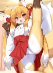 anthro blonde_hair blush butt canid canine clothed clothing female female_anthro fox fur hair hi_res horokusa0519 inner_ear_fluff kemono looking_at_viewer mammal smile solo tuft