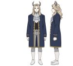  1boy ascot black_vest blonde_hair blue_coat boots coat demon_boy demon_horns from_side full_body grey_pants horns long_sleeves lugner_(sousou_no_frieren) male_focus official_art open_clothes open_coat pants parted_bangs profile reference_sheet sousou_no_frieren straight-on transparent_background vest white_ascot white_footwear 