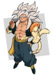  1boy absurdres biceps black_wristband blue_eyes body_fur dragon_ball dragon_ball_gt gogeta highres looking_at_viewer male_focus metamoran_vest monkey_boy monkey_tail muscular muscular_male no_nipples official_alternate_color official_alternate_hair_color pants pectorals relio_db318 sash simple_background smile solo spiked_hair super_saiyan super_saiyan_4 tail veins veiny_hands 