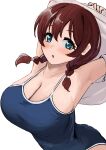  :o absurdres aqua_eyes arched_back armpits arms_up blue_one-piece_swimsuit blush braid breasts brown_hair cleavage emma_verde freckles hair_between_eyes highres large_breasts love_live! love_live!_nijigasaki_high_school_idol_club one-piece_swimsuit open_mouth pisagi school_swimsuit shirt simple_background swimsuit twin_braids twintails undressing white_background white_shirt 