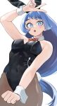  1girl absurdres animal_ears bare_shoulders black_leotard blue_eyes blue_hair boku_no_hero_academia bow bow_choker covered_navel fake_animal_ears fake_tail fengling_(furin-jp) hadou_nejire highres leotard long_hair looking_at_viewer pantyhose pink_nails playboy_bunny rabbit_ears rabbit_tail red_bow solo strapless strapless_leotard tail teeth upper_teeth_only very_long_hair white_background wrist_cuffs 