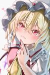  1girl :3 absurdres blonde_hair blush closed_mouth commentary crossed_bangs crystal eyelashes eyes_visible_through_hair finger_to_own_chin flandre_scarlet frilled_shirt_collar frills from_above hair_between_eyes hat heart highres index_finger_raised looking_up mahoro_(minase_mahoro) medium_hair mob_cap nail_polish necktie puffy_short_sleeves puffy_sleeves red_eyes red_necktie red_vest shirt short_sleeves simple_background smile solo touhou tsurime upper_body vest white_background white_hat white_shirt 