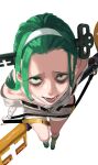  1girl a.b.a bags_under_eyes bandaged_chest bandaged_neck bandages bare_shoulders green_eyes green_hair guilty_gear guilty_gear_strive hairband highres key key_in_head long_hair looking_at_viewer object_through_head pale_skin paracelsus_(guilty_gear) starhump white_hairband 