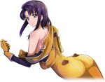  1girl artist_request ass bodysuit breasts cecile_croomy closed_mouth code_geass code_geass:_lost_stories cowboy_shot cropped_legs dressing dutch_angle from_behind game_cg gloves long_sleeves looking_at_viewer looking_back medium_breasts medium_hair non-web_source off_shoulder official_art orange_bodysuit orange_gloves purple_eyes purple_hair sidelocks simple_background single_bare_shoulder skin_tight solo standing transparent_background 