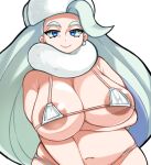  1girl aqua_hair areola_slip arm_across_chest bikini blue_eyes breasts cleavage closed_mouth dark_areolae earrings fur_hat hat highres huge_breasts jewelry lips long_hair looking_at_viewer mature_female melony_(pokemon) micro_bikini navel paperrose plump pokemon scarf simple_background solo swimsuit thick_eyebrows upper_body ushanka white_background white_bikini white_scarf 