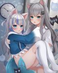  2girls absurdres animal_ears blue_eyes blue_hair blue_shirt carrying cat_ears clock fins fish_tail gawr_gura gawr_gura_(1st_costume) grey_hair hair_ornament highres hololive hololive_english hood hoodie indie_virtual_youtuber long_sleeves looking_at_viewer multicolored_hair multiple_girls nachoneko nekopurin_(nyanko_prin) no_panties no_pants open_mouth shark_girl shark_tail shirt streaked_hair tail virtual_youtuber white_hoodie white_shirt 