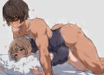  2girls blonde_hair blue_eyes breasts brown_hair competition_school_swimsuit dark-skinned_female dark_skin dry_humping futa_with_female futanari height_difference humping implied_futanari kei_(m_k) large_breasts long_hair m_k multiple_girls original red_eyes rika_(m_k) school_swimsuit short_hair simple_background size_difference sweat swimsuit tall tall_female tan tomboy 