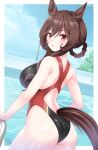  1girl animal_ears ass blue_sky brown_hair cloud competition_swimsuit cowboy_shot dutch_angle from_behind gentildonna_(umamusume) gurukorian hair_rings highleg highleg_swimsuit highres horse_ears horse_girl horse_tail long_hair looking_at_viewer looking_back one-piece_swimsuit pool pool_ladder poolside red_eyes sky solo swimsuit tail two-tone_swimsuit umamusume water 
