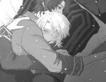  2boys aventurine_(honkai:_star_rail) book closed_eyes dr._ratio_(honkai:_star_rail) greyscale holding holding_book honkai:_star_rail honkai_(series) hug long_sleeves male_focus monochrome multiple_boys namida_gnsn on_bed pajamas short_hair sleeping yaoi 